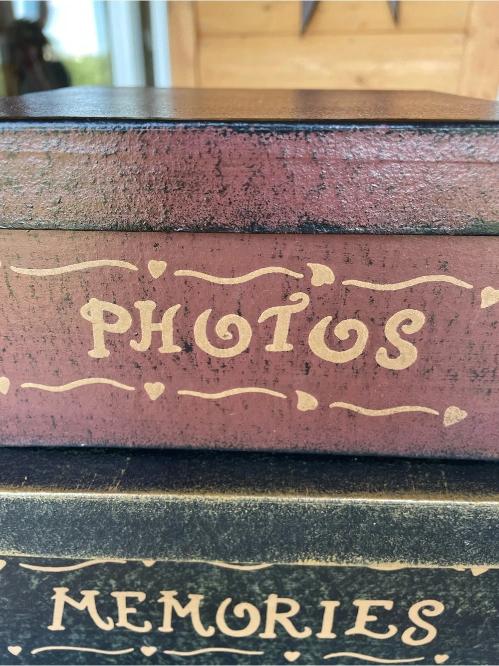 Primitive Stacking & Nesting Decorative Storage Boxes Burgundy Black Tan